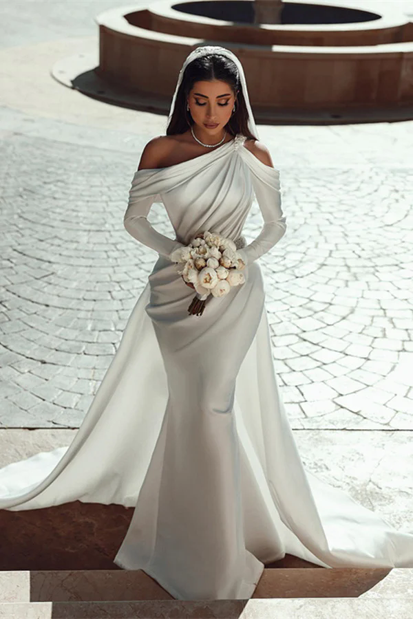 2024 Wedding Mermaid Dresses for Bride Simple Satin Sequins Crystals Sexy Long Sleeve Detachable Ruchd Buttons Robes De Mariee Plus size