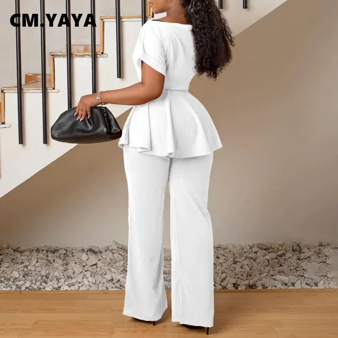 CM.YAYA Vintage Chic Womens Set Short Sleeve Slash Neck T-shirt and Wide Leg Pants Suit Two 2 Piece Set Outfits Tracksuit 240813