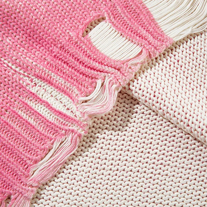 Vintage Sweater Y2K Grunge Ripped Holes Knitted Solid Plain Jumpers Streetwear Men Hip Hop Punk Gothic Long Sleeve Sweaters Pink 240821