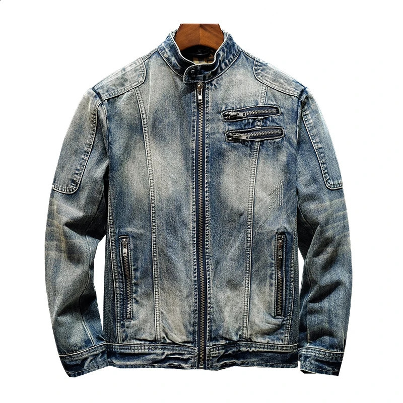 Autumn Nostalgic Motorcycle Denim Clothing Mens High end Retro Zipper Fashion Slimming Vertical Collar Handsome Jacket 240808