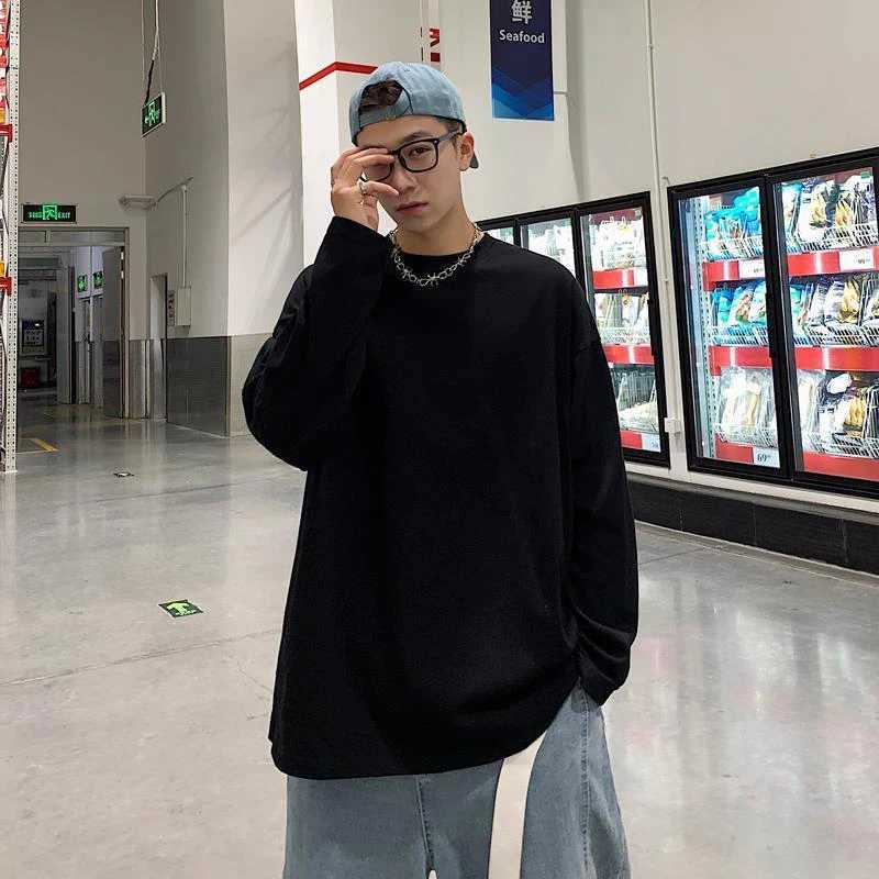 Fall Korean Solid Color O Neck Long Sleeve Men T Shirts Cotton Fashion Trend Casual Harajuku Oversized Couples Clothing Tops TeeM240814