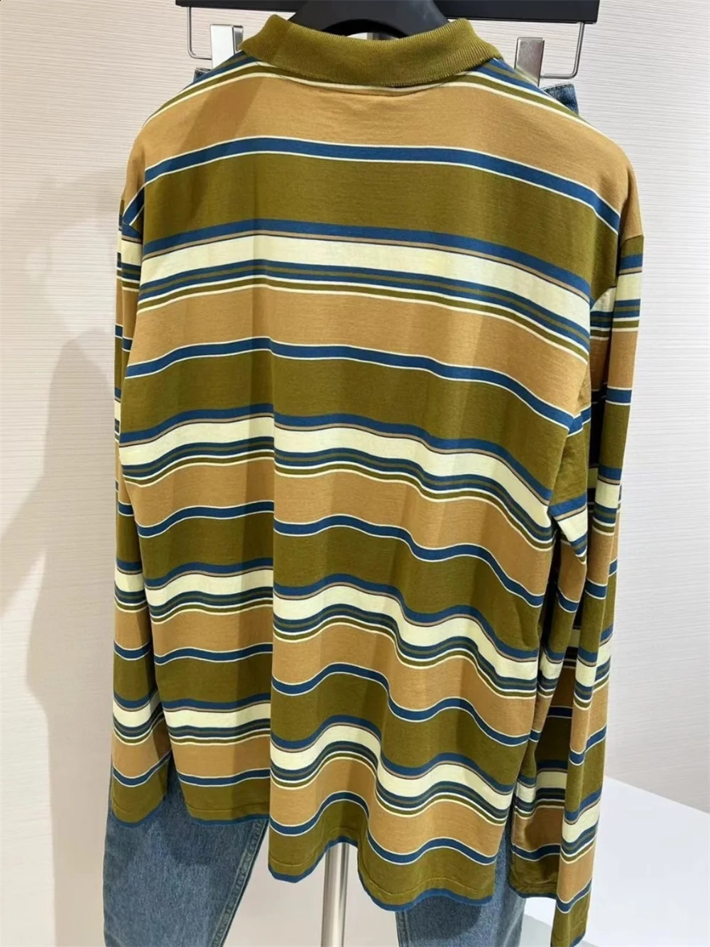 T-shirt Stripe Long Sleeve A881911 Polo Neck Women T Shit Clothing Spring Summer Outdoor Streetwear Elegant Elastic Knit 24SS 240814