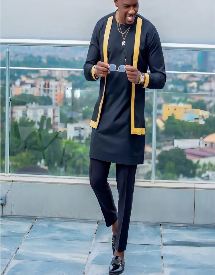 African Mens Clothing Mens Suit Two-Piece Pants Set Round Neck Stitching Solid Color Long Sleeves Festival Social Ethnic Style 240813