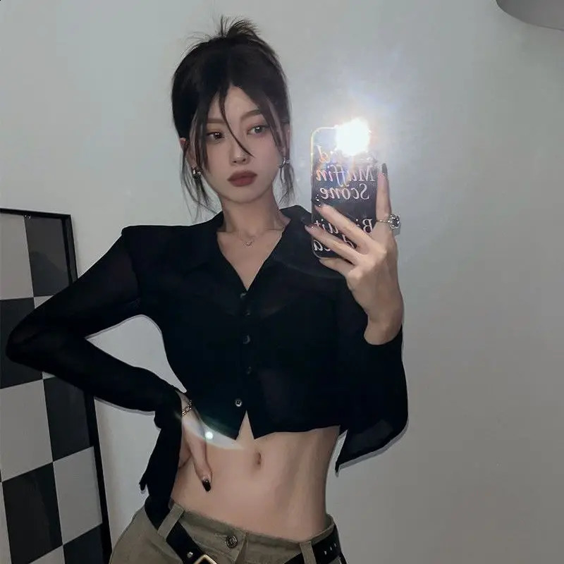 See Through Womens Sexy Retro Y2k Crop Top Street Clothing Harajuku Ultra Thin Long Sleeve Single Sweating Black Wine Shirt 240827