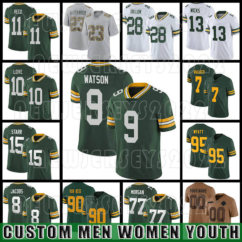 10 Love 9 Watson Football Jerseys AJ Dillon Jayden Reed Dontayvion Wicks Quay Walker Romeo Doubs Eric Stokes Kenny Clark Bart Starr Devonte Wyatt Rashan Gary Morgan