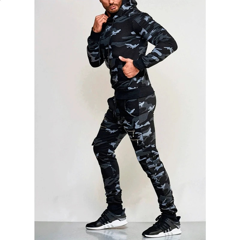 Autumn Winter Male Loose Casual Camouflage Printing Hoodies Elastic Waist Pants Set Men Zipperhooded Sweatshirt Sweatpants Suit 240813