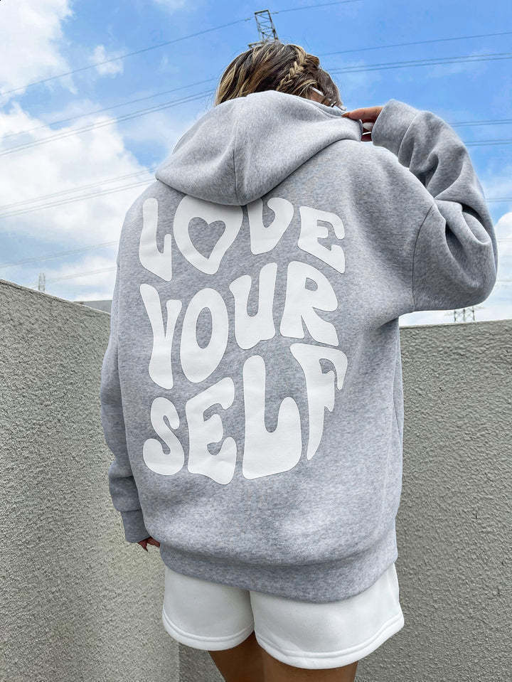 Love Yourself Hooded Off Shoulder Hoodie Solid Letter Hoodie Oversized Hoodie 240722
