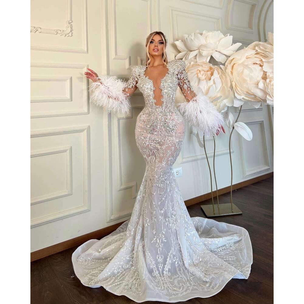 Wedding Princess Mermaid Dresses V Neck Long Sleeves Bridal Gowns Custom Made Detachable Lace Sweep Train Robe De Mariee B0313