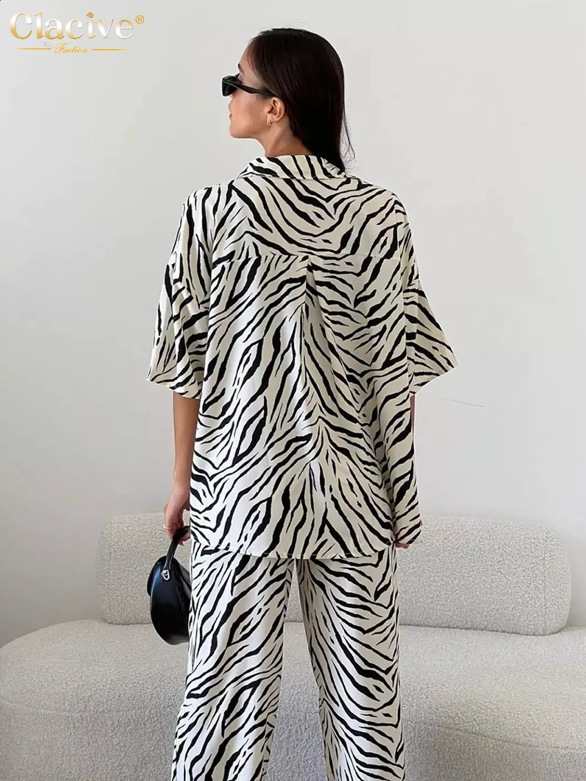 Clacive Summer Loose Zebra Print 2 Piece Sets Women Outfit Elegant Short Sleeve Shirts Matching High Waist Pants Set Female 240813