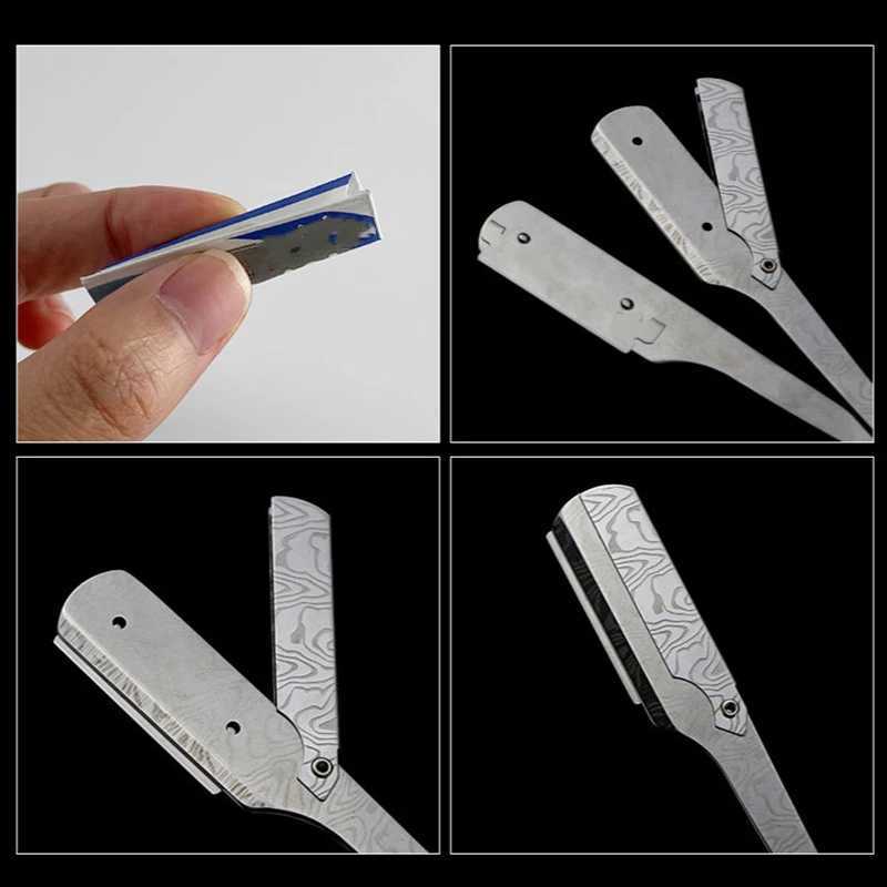 Barber Damascus Pattern Folding Razor Ebony Handle Manual Shaver Straight Edge Stainless Steel Razor Beard Cutter Holder G0104M240814