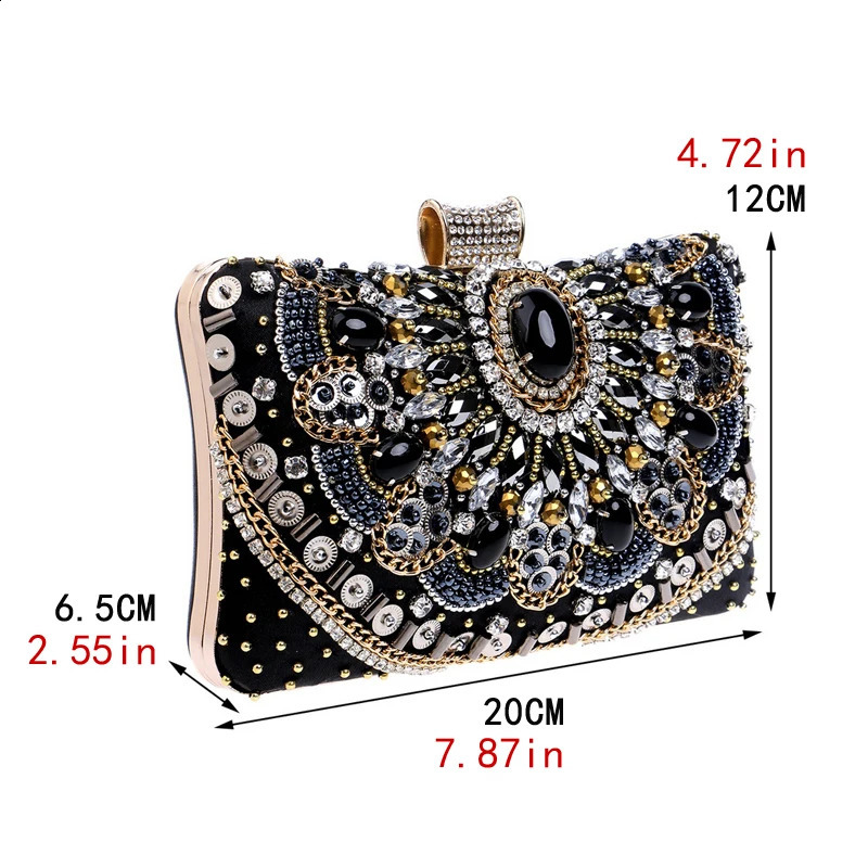 Vintage Women Black Beaded Evening Clutch Bags Ladies Box Metal Clutches Wedding Cocktail Party Handbags Purses 240813ZYl