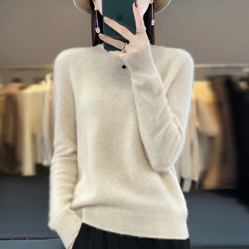 100% pure wool cashmere sweater womens O-neck pullover casual knit top autumn and winter womens coat Korean fashion 240813