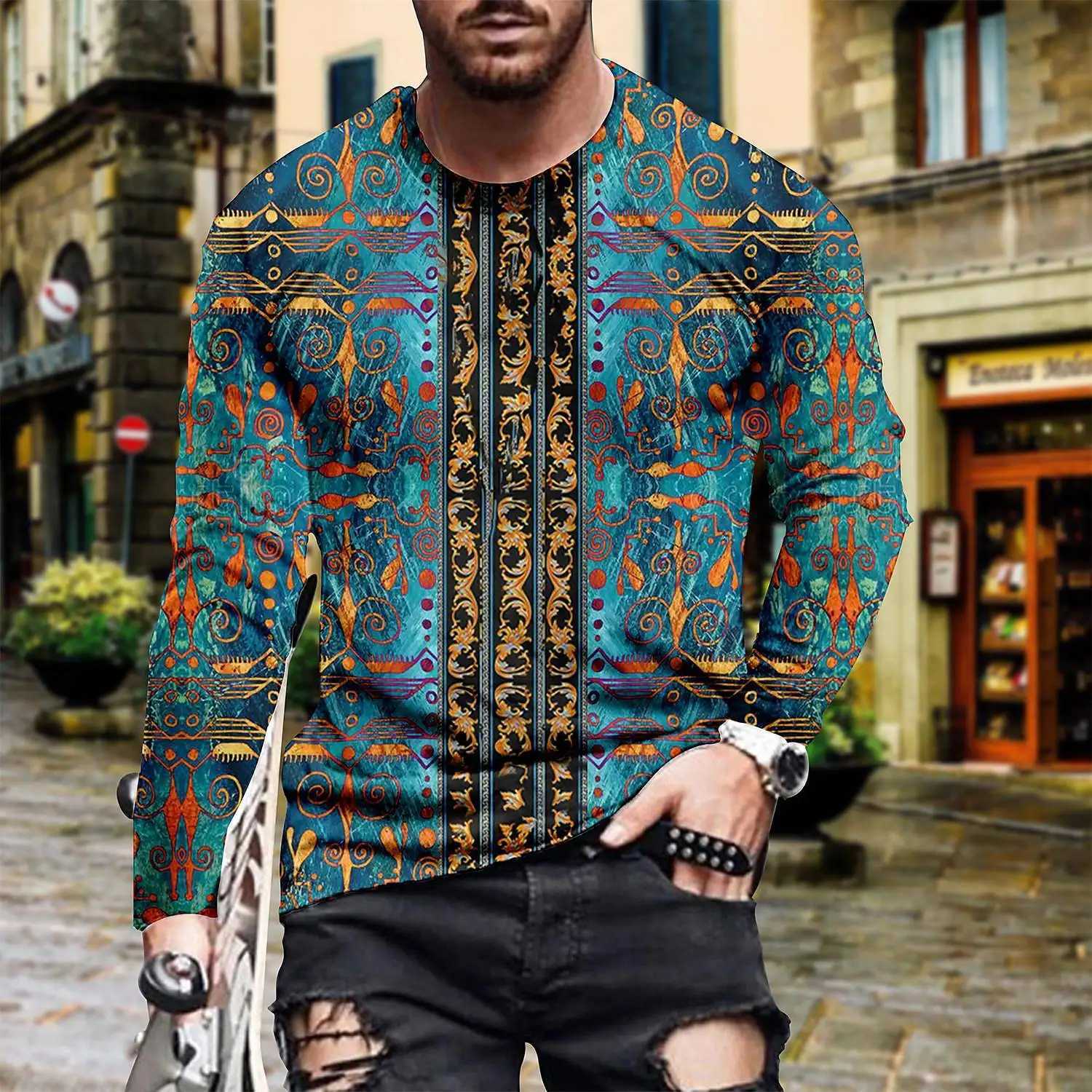 Spring and Summer New Mens Casual Long-sleeved T-shirt Sports 3D Printing T-shirt Wild Casual Mens Long-sleeved T-shirtM240814