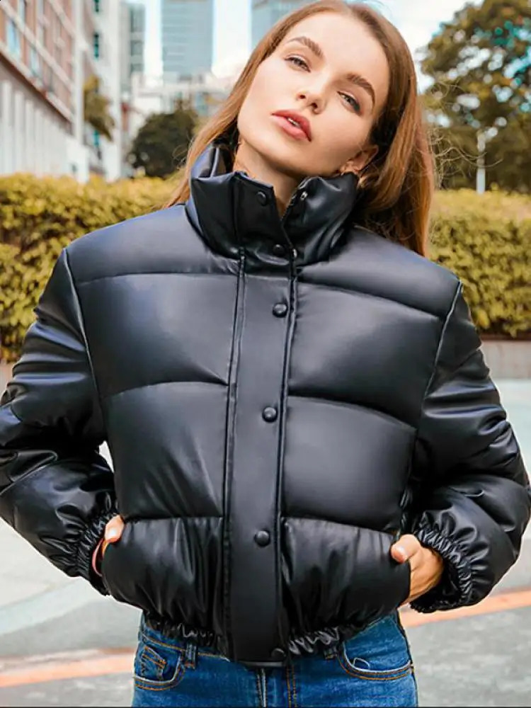 Winter Warm Thick PU Leather Coats Women Short Parkas Fashion Black Cotton Padded Lady Down Jacket Elegant Zipper Clothes 2024 240813