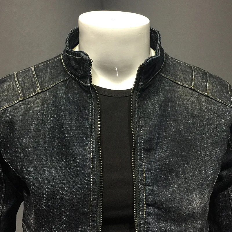 Idopy mens denim jacket motorcycle stand collar zipper motorcycle ultra-thin fit Distressed Bike mens denim jacket240813