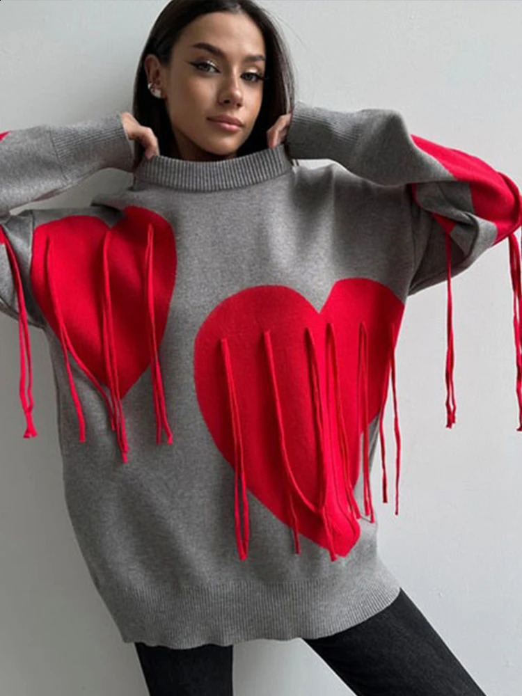 Casual Knitted Tassel Love Print Sweater Women Loose O-neck Long Sleeve Female Sweaters Autumn Fashion Lady Streetwears 240812