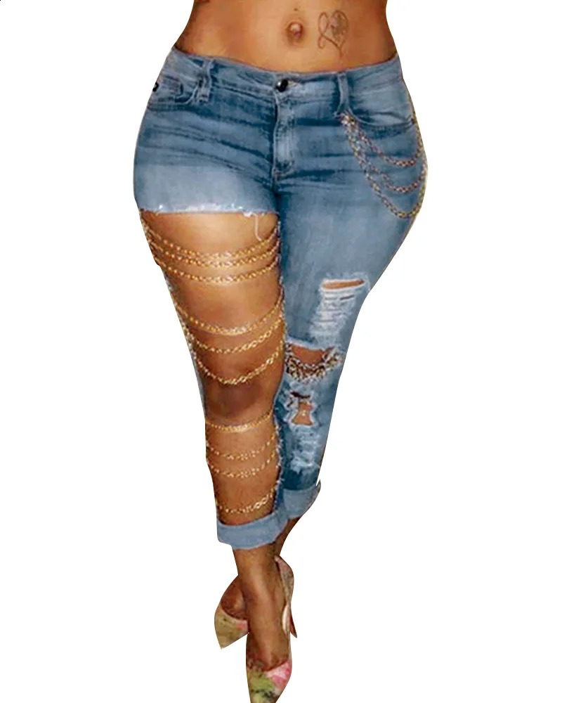 Women Jeans Pencil Pants Denim Sexy Big Holes Chain Washing Slim Pockets Streetwear Spring 2024 Slight Strech Solid Color 240813