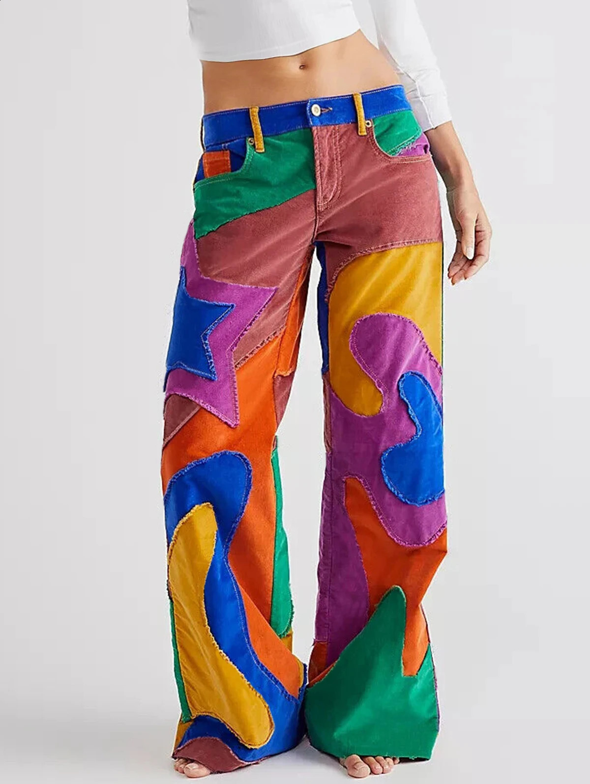 Chic Color Plaid Women Pants Patchworked Flare High Waist Wide Leg Casual Pants Stretchy Color Block Pants Autumn Streetwear 240813