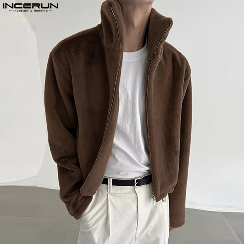 INCERUN Mens Jackets Plush Solid Color Lapel Zipper Long Sleeve Fleece Casual Male Coats Streetwear Fashion Jackets S-5XL o240814