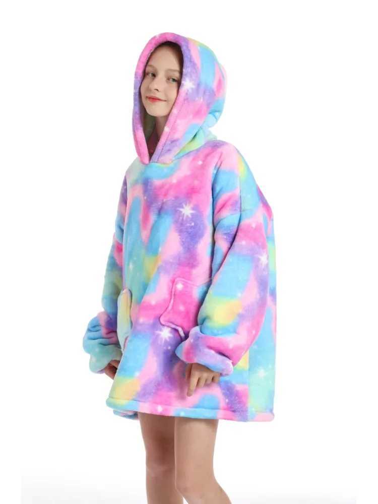 Tie Dye Unicorn Kigurumi Oversized Hoodie Childrens Super Warm Winter Clothes Kids One Piece Hooded Sweatshirts TV BlanketsY240814