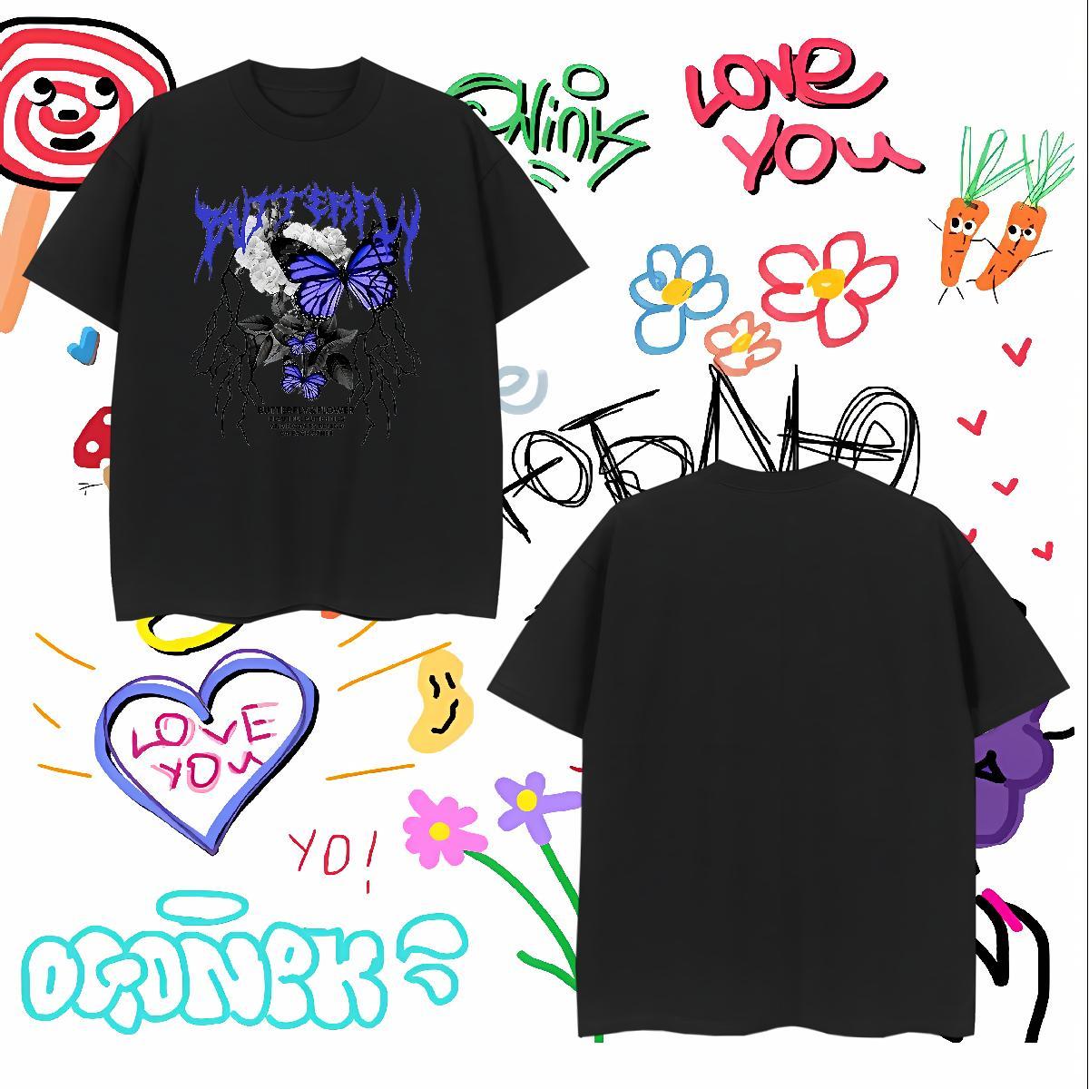 Unisex Man T Shirts Butterfly Short Sleeve O-Neck Daily Wear Custom Anime 230g Pure Cotton Tshirt for Man Woman 2024 New Tshirts