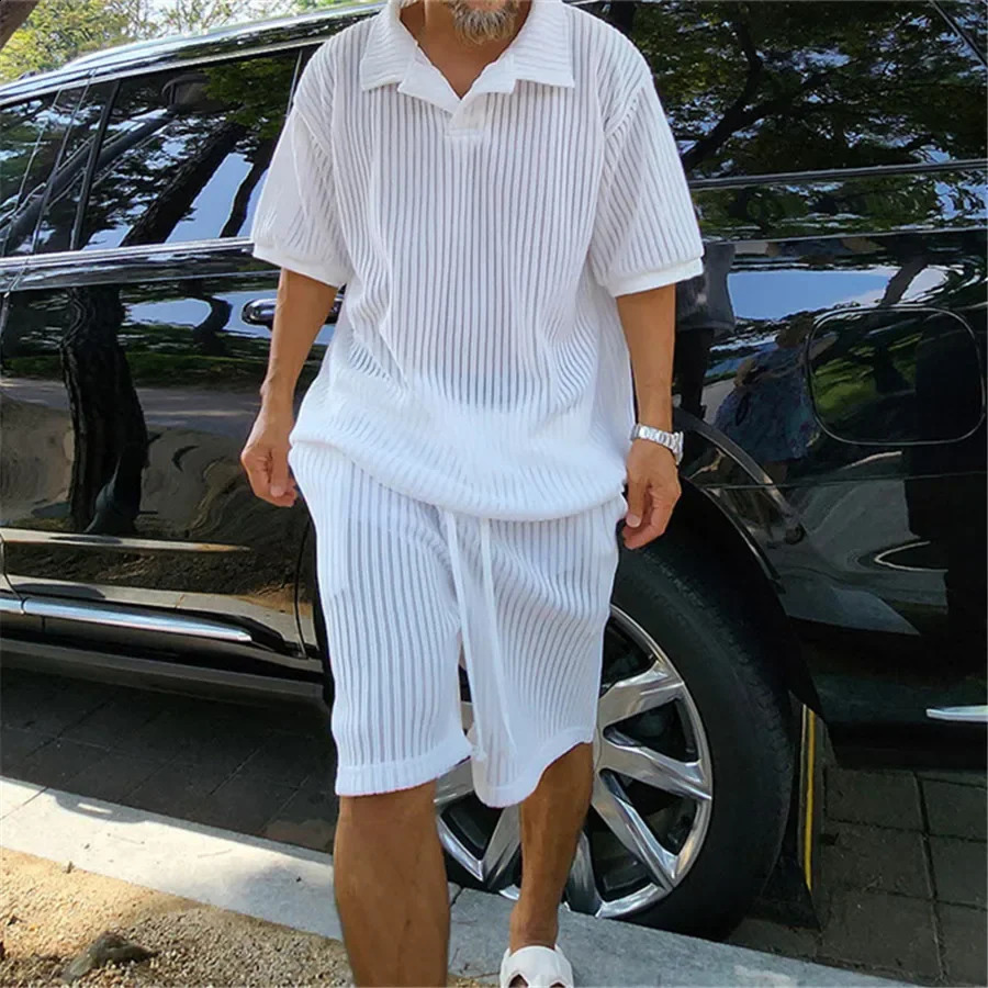 2024 Summer Knitted Short Sleeve Tshirt and Shorts Male Two Piece Set Streetwear Casual Solid Color Men Sports Suits Tops 240814