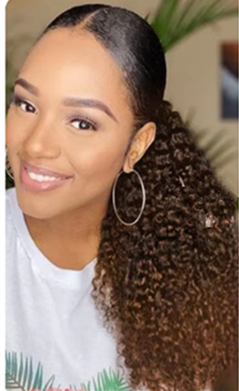Ombre Human Drawstring Puff Ponytail Extensions Afro Wavy 16 Inch Clip In Ponytail Hair Curly Brown Blonde hairpiece 1pcs 120g