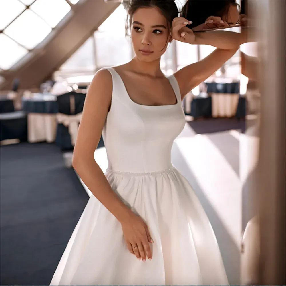 A-Line Satin Spaghetti Ruched Wedding Dress Beach Country Dress Backless Gown Vestidos de Novia Sweep Train Plus size Custom made