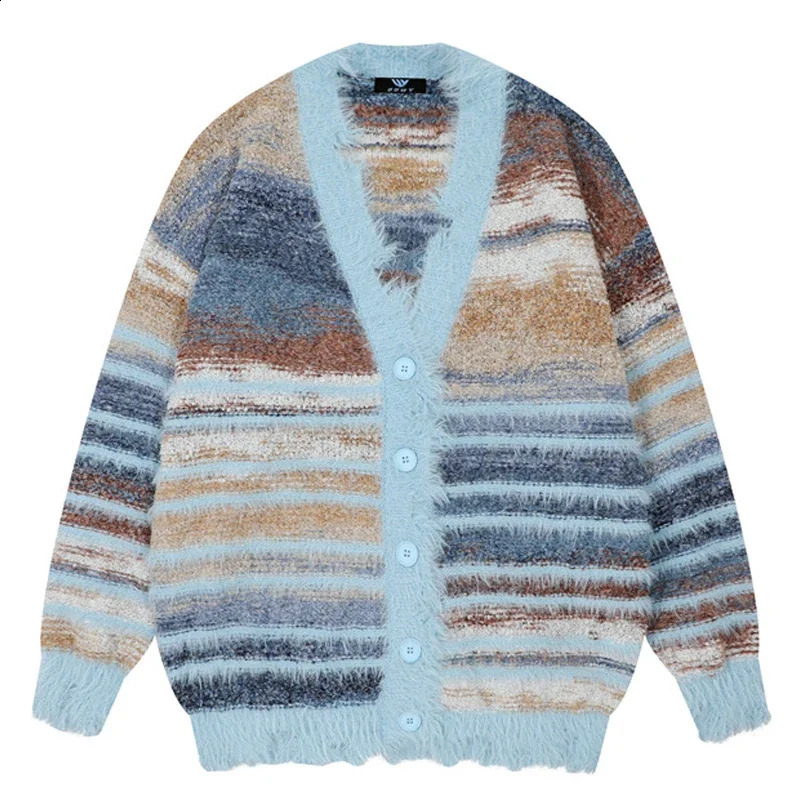 Winter Irregular Knitted Sweaters Man Loose Stripe Cardigan Color Block Oversized Sweater Woman Y2K Harajuku Knit Coats Tops 240821