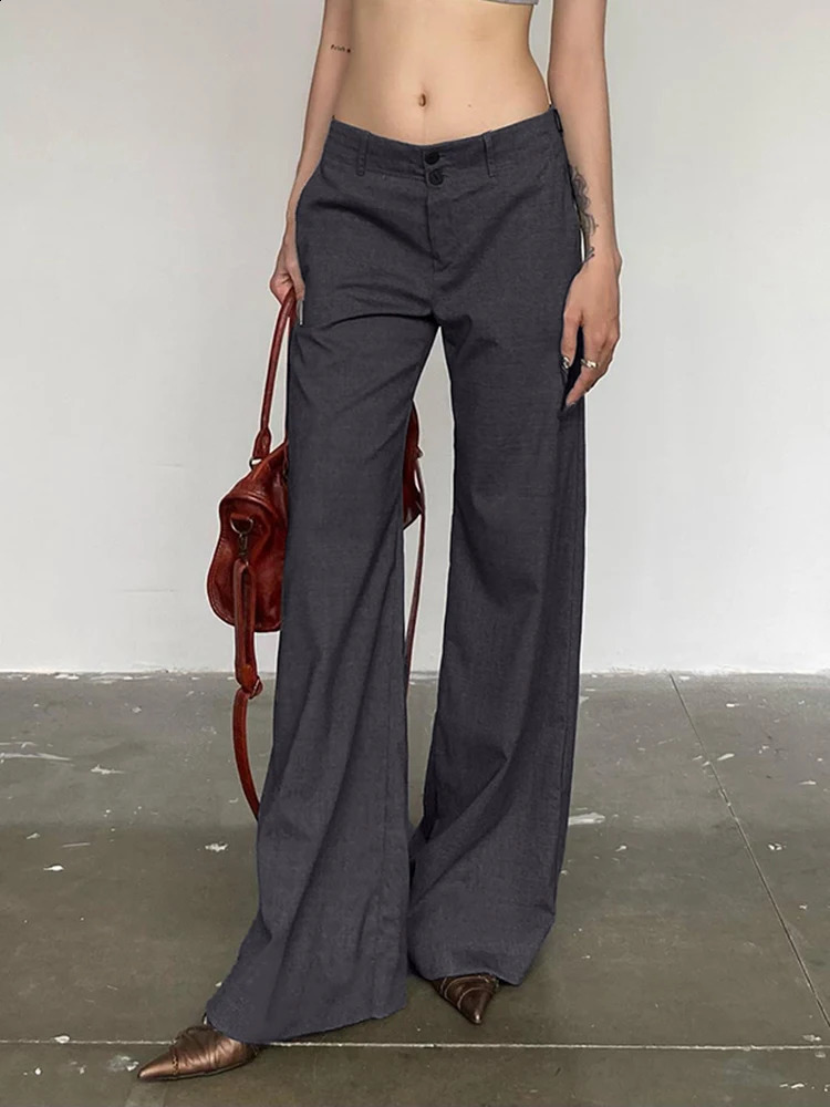 IAMSURE Casual Basic Solid Straight Suitpants Office Elegant Slim Low-Waisted Wide Leg Pants Women Autumn Spring Streetwear 250421