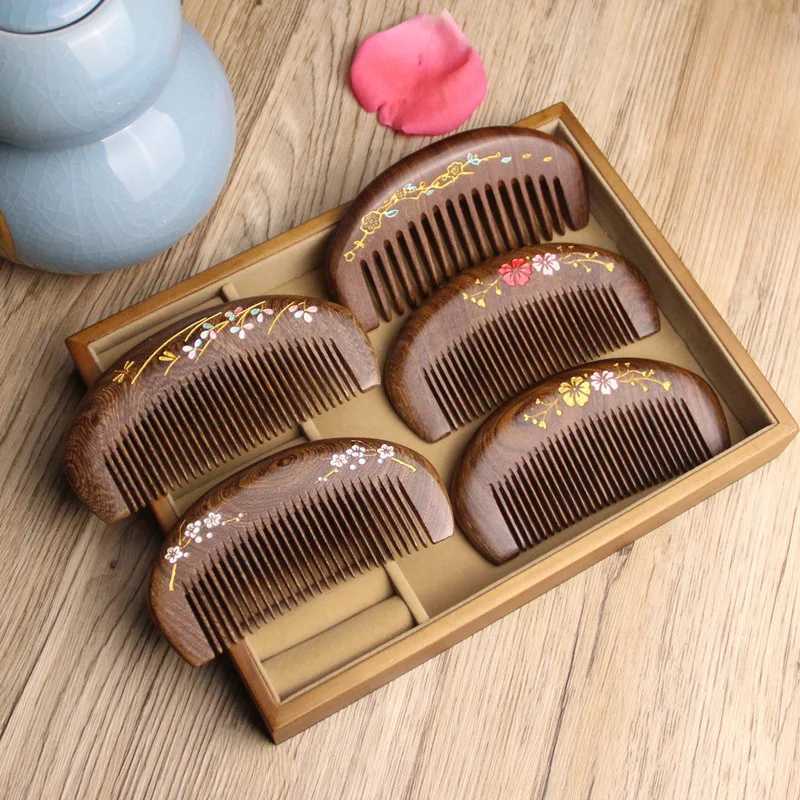 Natural Sandalwood Gold Wire Wood Comb Log Health Massage Portable Comb Temperature High end Gift W240813