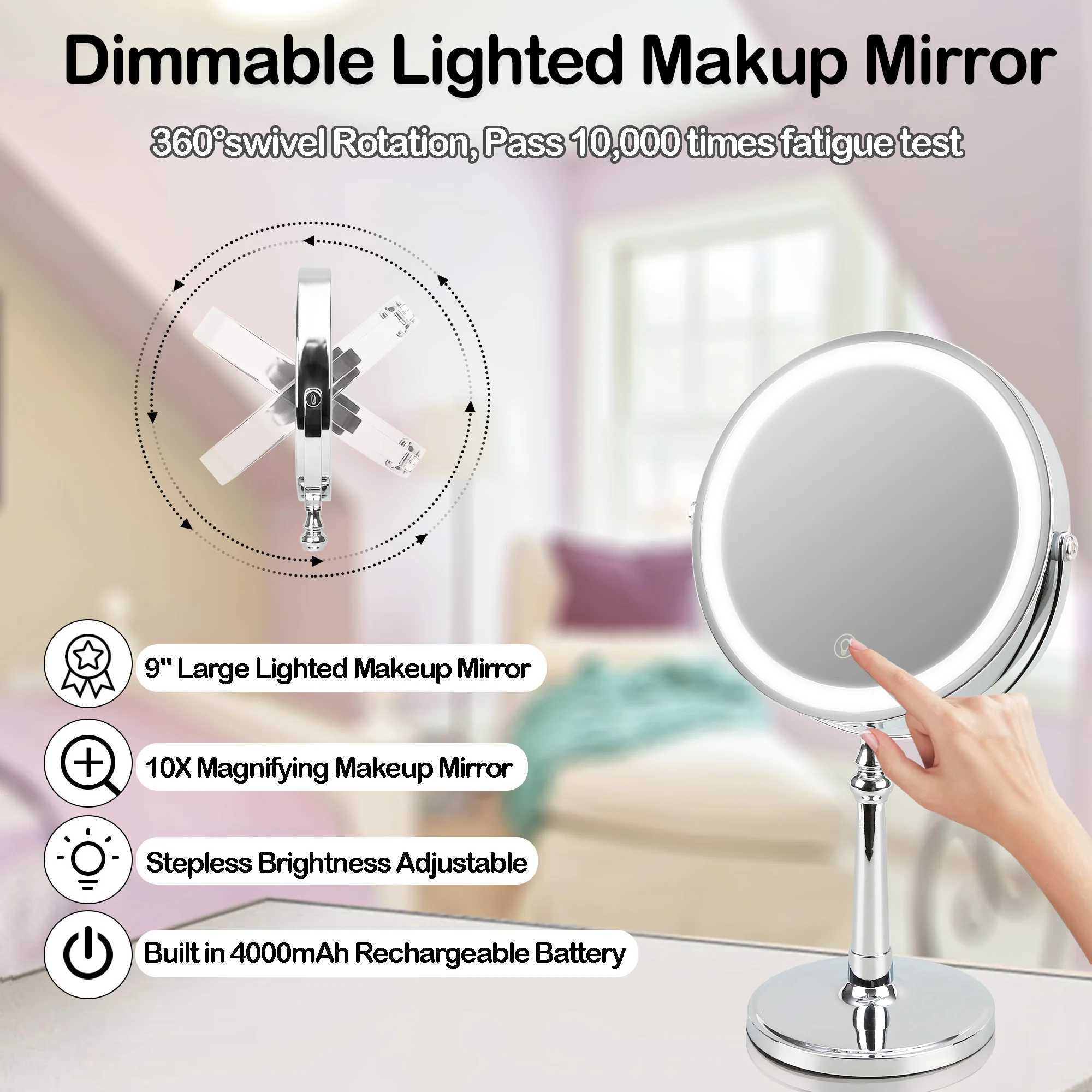 9-inch makeup mirror with light USB charging 10X magnifying dual mirror for 360 degree makeup desktop makeup mirror W240813