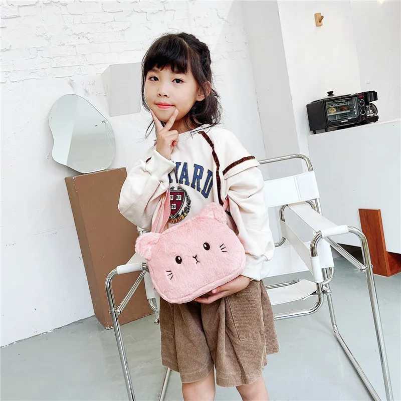 Cartoon Cat Baby Cross Bag Cute Soft Plush Childrens Shoulder Bag Winter Fashion Boys Childrens Fur Handbag Coin Wallet W240813