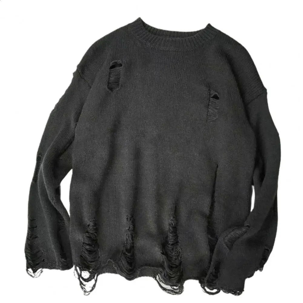Men Wash Hole Ripped Knit Sweaters Solid Color Ripped O Neck Oversized Couple Sweater Winter Cool Mens Clothes Streetwear 240829