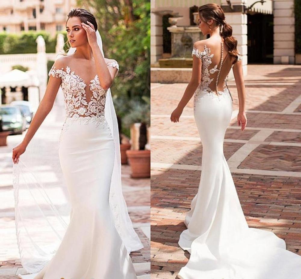 Mermaid Wedding Dress Elegant Robe De Marie Satin Cap Sleeve Vestido De Noiva Lace Bride Dresses Sheer Buttons Back White Bridal Gowns