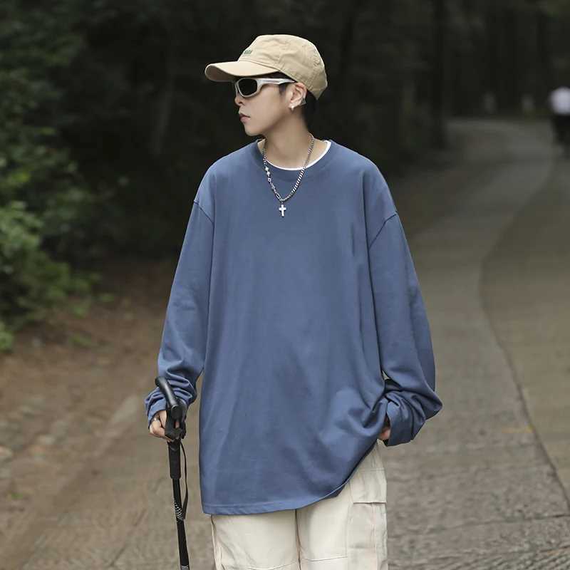S-5XL! Spring and Autumn Long Sleeve T-shirt for Men Simple and Advanced High Street Hip Hop Trend Loose Solid Color Mens TopM240814