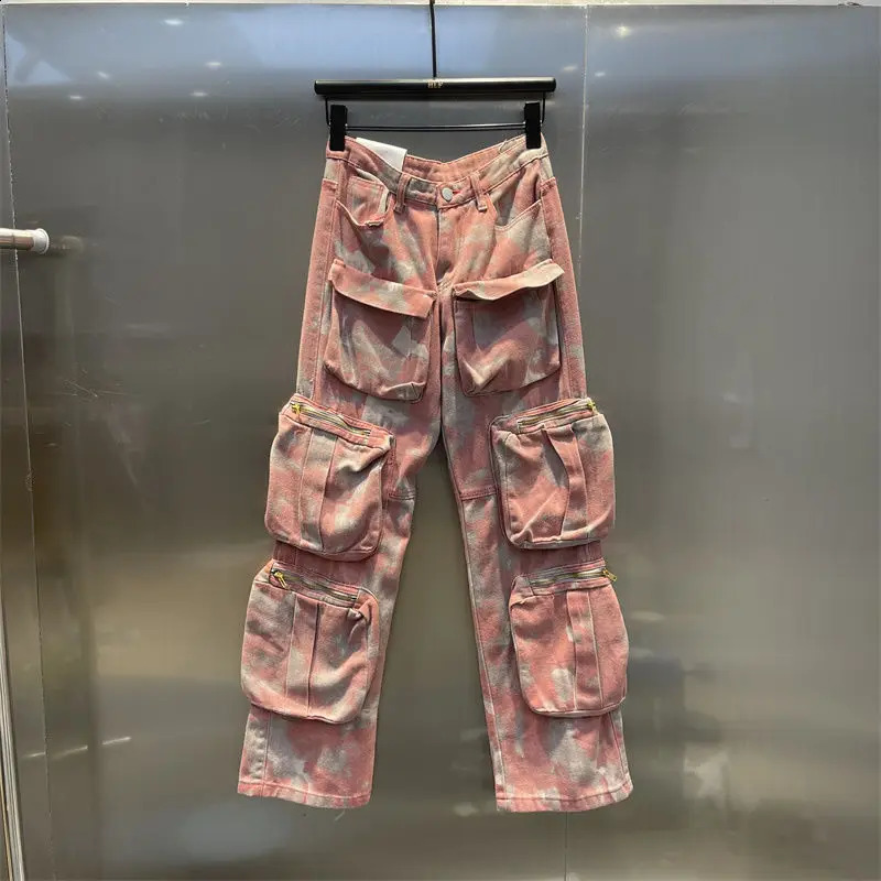 Retro Pink Camouflage Pants Punk Harajuku Baggy Jeans Multi Pocket tie Overalls Trousers Hip Hop Fashion Leisure Streetwear 240814