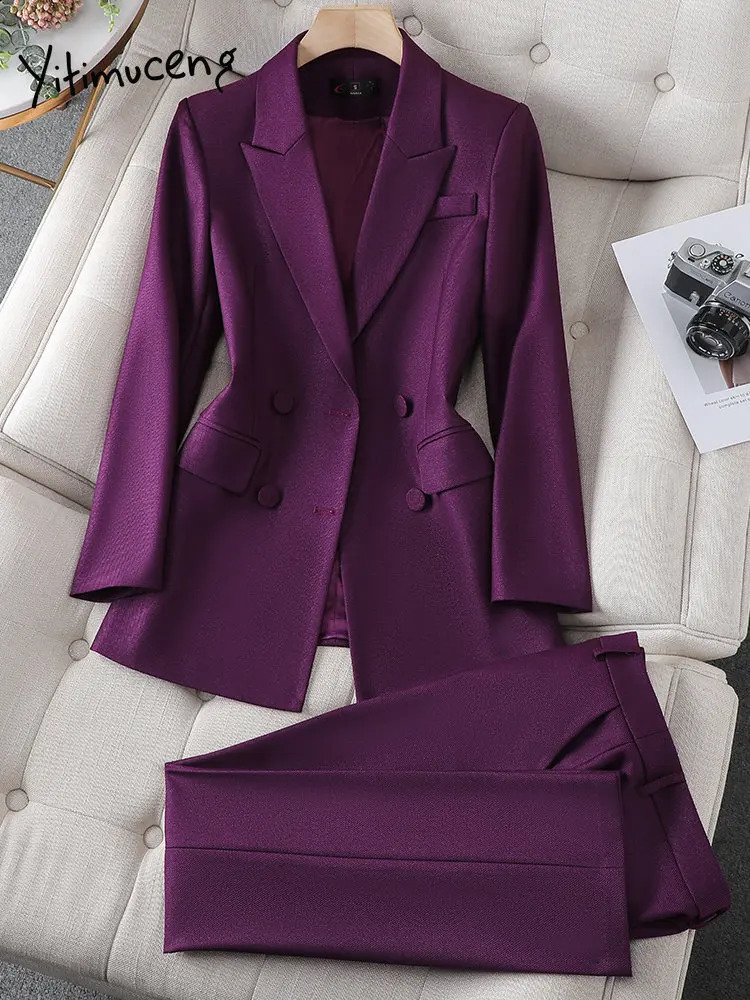 Yitimuceng Formal Blazer Suit for Women Double Breasted Notched Office Wear Women High Waisted Skirts Slim Pants 2 Piece Sets 240813
