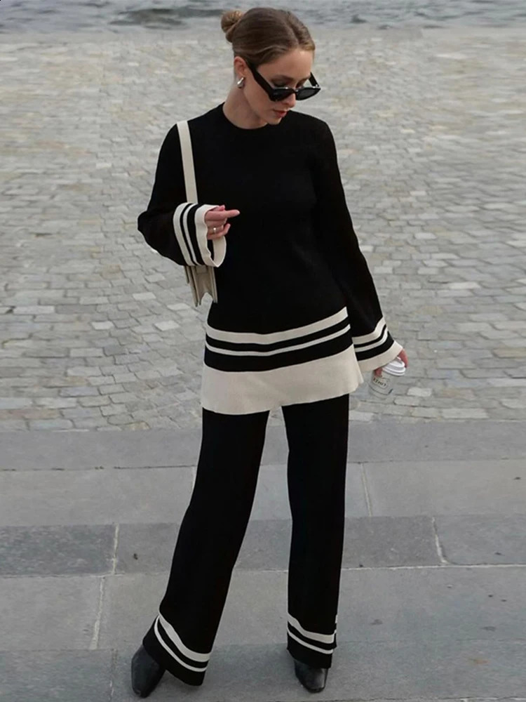 Loose Casual Striped Pant Set Women Elegant Long Sleeve Top Loose Wide Leg Trousers Autumn Elastic Two Piece Suit Outfit Lady 240813