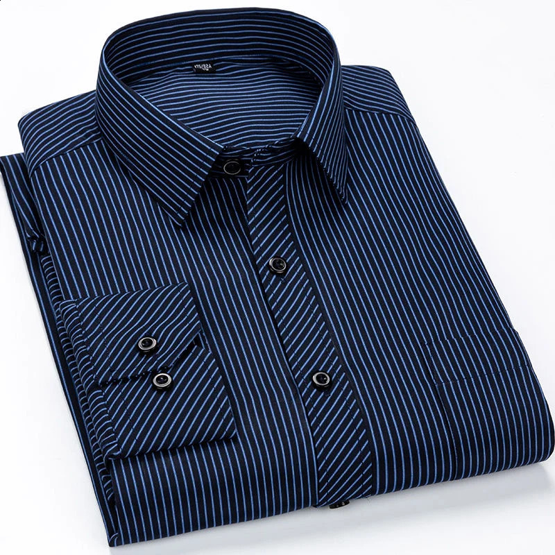 Oversized 9XL 8XL 48 47 Mens Long Sleeved Shirt Casual Business Classic Plaid Striped Slim Fit Button Male Social Dress Shirts 240814