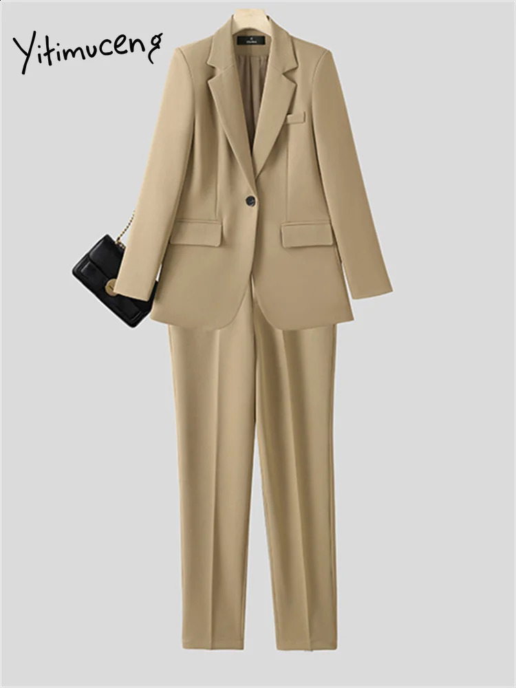 Yitimuceng Women Office Ladies Pants Suits Office Ladies Solid Single Breasted Slim Blazer High Waisted Suits Pants 2 Piece Set 240813