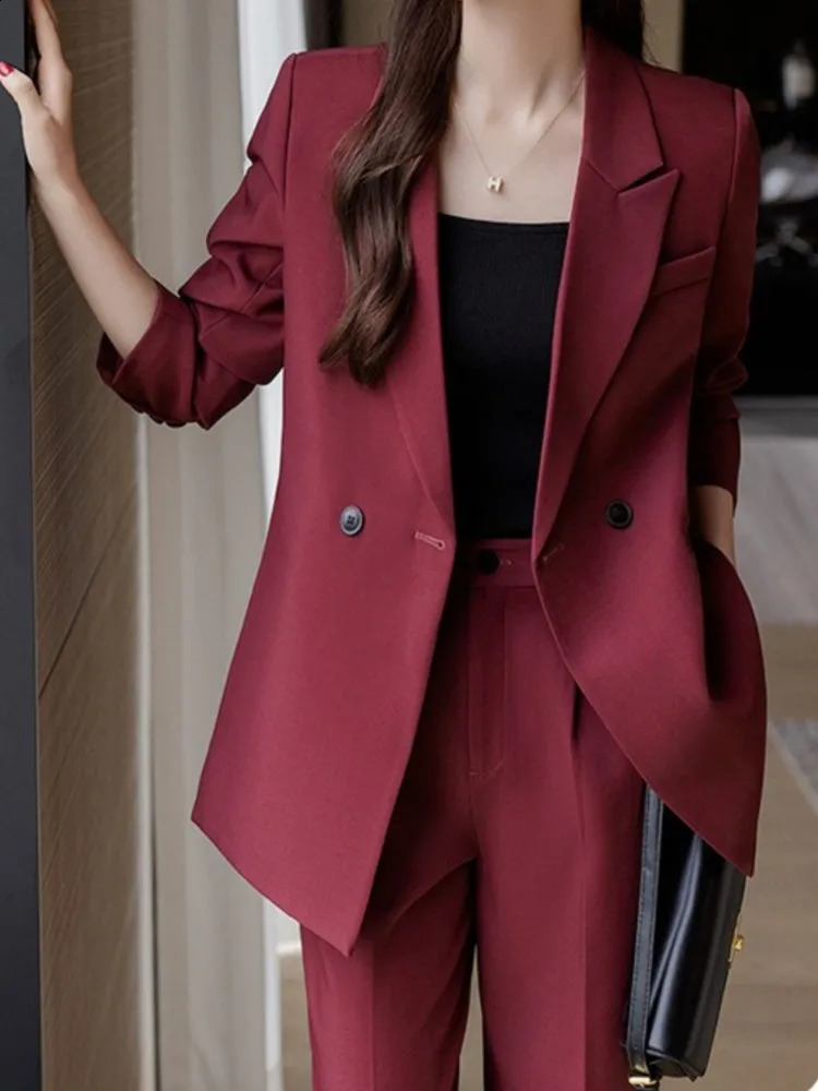 Korean Fashion Elegant Solid Women Blazer Pantsuit Casual Vintage Chic Suit Jackets Straight Pants 2 Pieces Set Female Outfits 240813