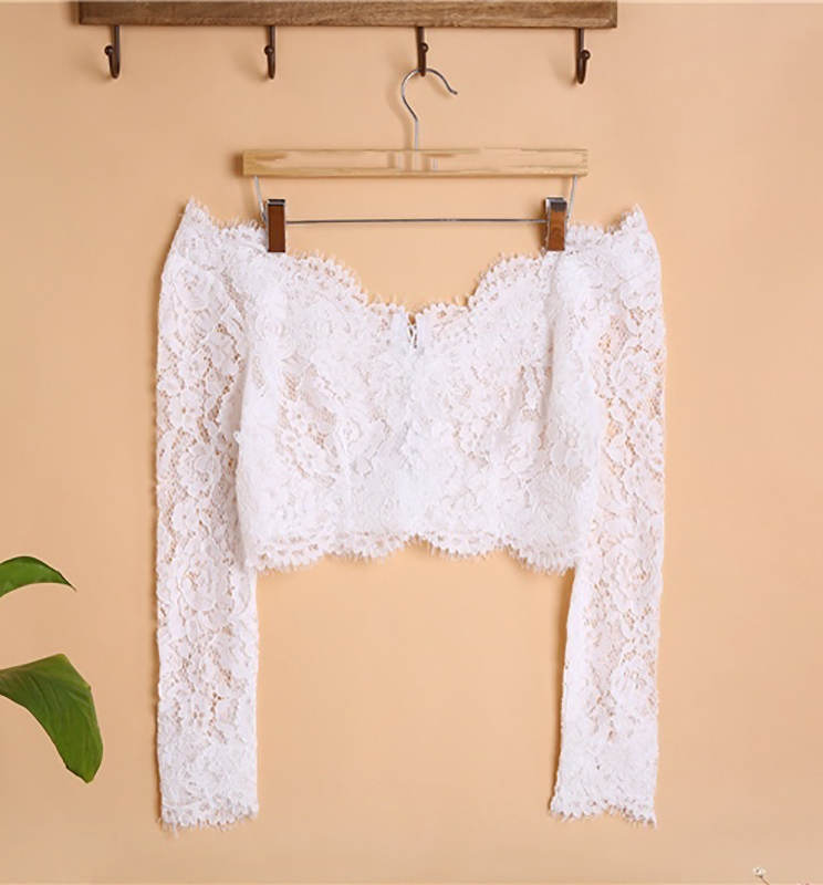 Unique Women Wrap Jacket Lace Up Long Sleeve Bride Jackets Sheer Appliques Short V Neck Bridal Cloak Formal Wedding Accessories