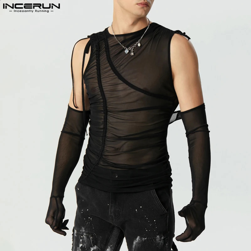 Men T Shirt Mesh Transparent Lace Up Pleated Irregular Tee Tops Streetwear Solid Off Shoulder Long Sleeve Camsietas INCERUN 240814