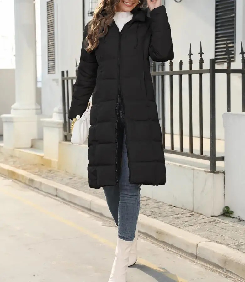 Winter Hooded Mid Length Slim Fit Warm Long Sleeve Solid Color Down Jacket For Women3 Colors 240813