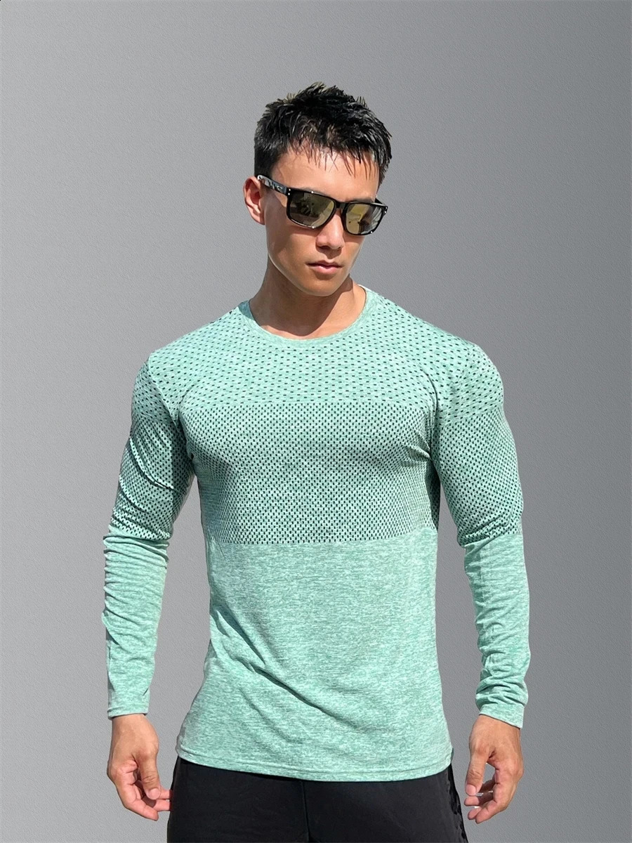 Mens Sport Long Sleeve Tops Quick Dry Fitness T-shirts Bodybuilding Gym Tees Casual Skinny Elastic Breathability Sportswear 240814