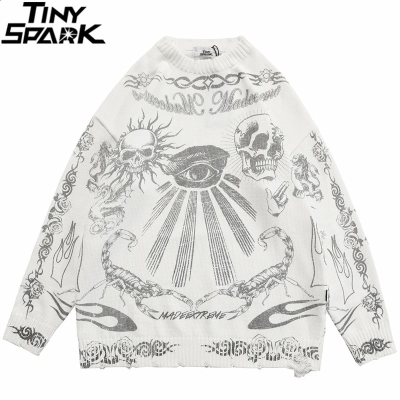 Hip Hop Knitted Sweater Streetwear Rose Eye Scorpion Print Ripped Pullover Men Harajuku Cotton Casual Autumn Sweater Skull 240821