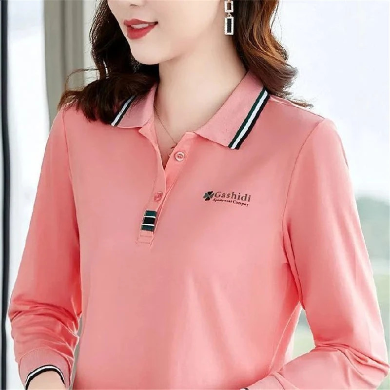 Womens clothing autumn fashion letter contrasting color polo shirt casual long sleeved ultra-thin sports T-shirt womens Y2K button top 240827