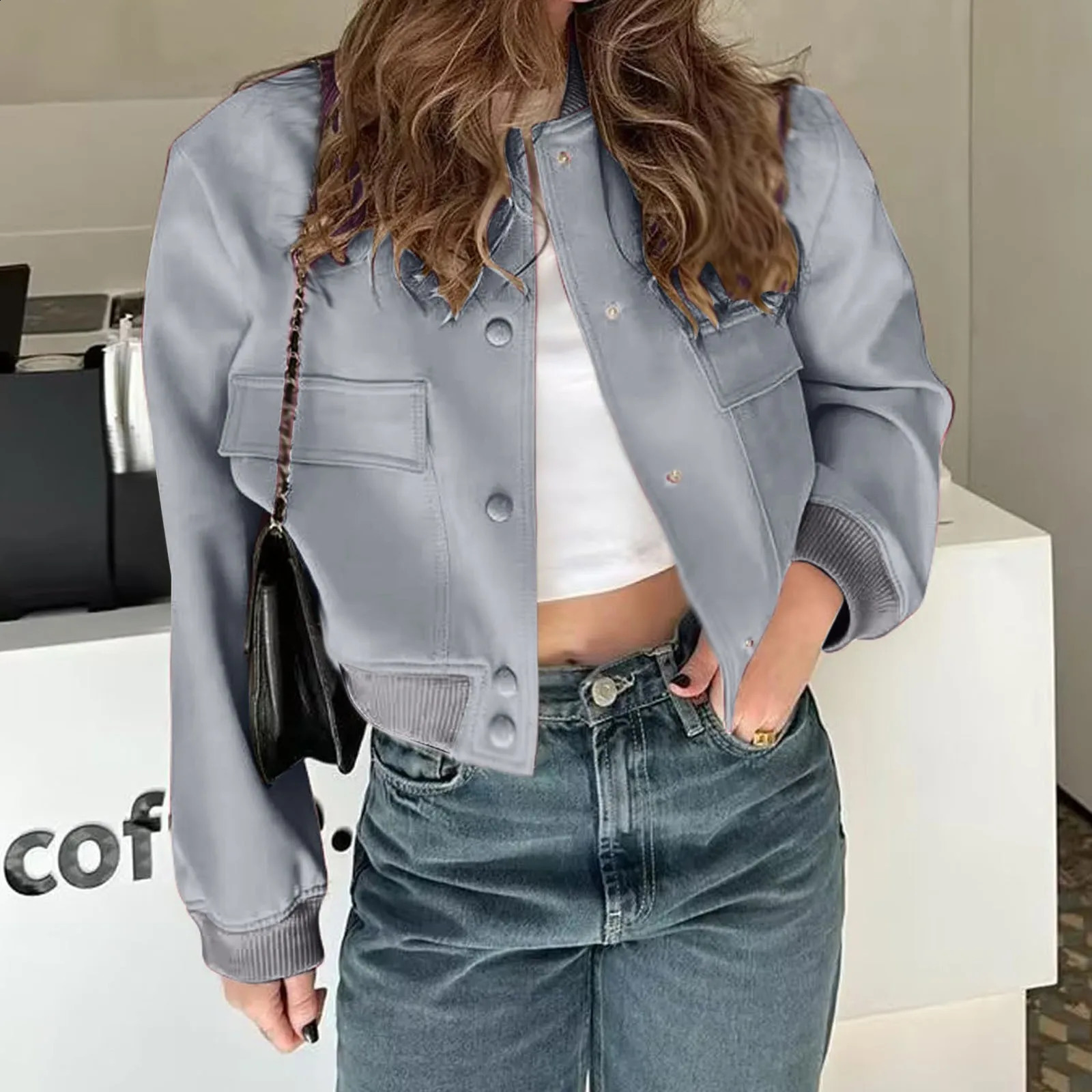 Womens leather jacket vest winter cut jacket button jacket pocket jacket retro Harajuku fashion 240827