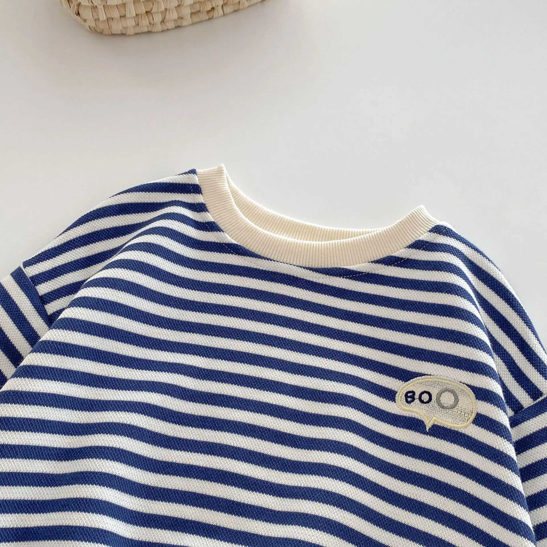 Spring Autumn 2024 Children Boys Sweatshirts Letter Embroidery Patched Baby Boys Elastic Hem Striped Stylish Little Boy PulloverY240814